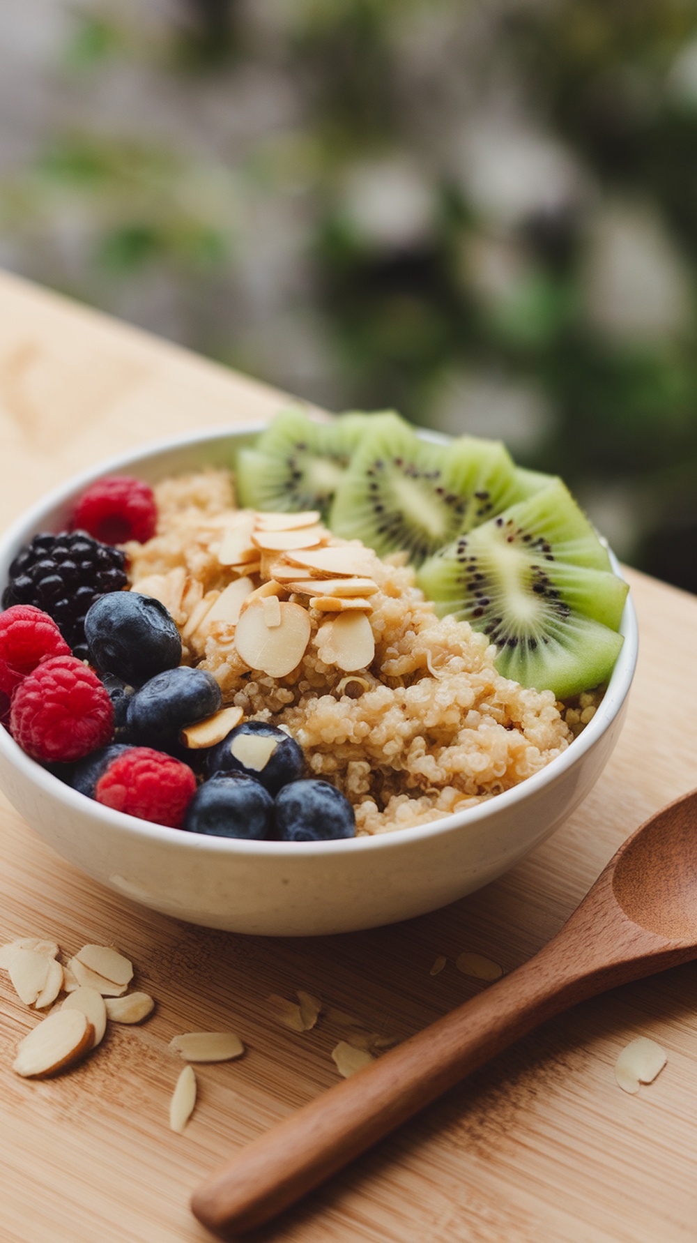 A bowl of quinoa topped with almonds, blueberries, raspberries, blackberries, and kiwi slices.