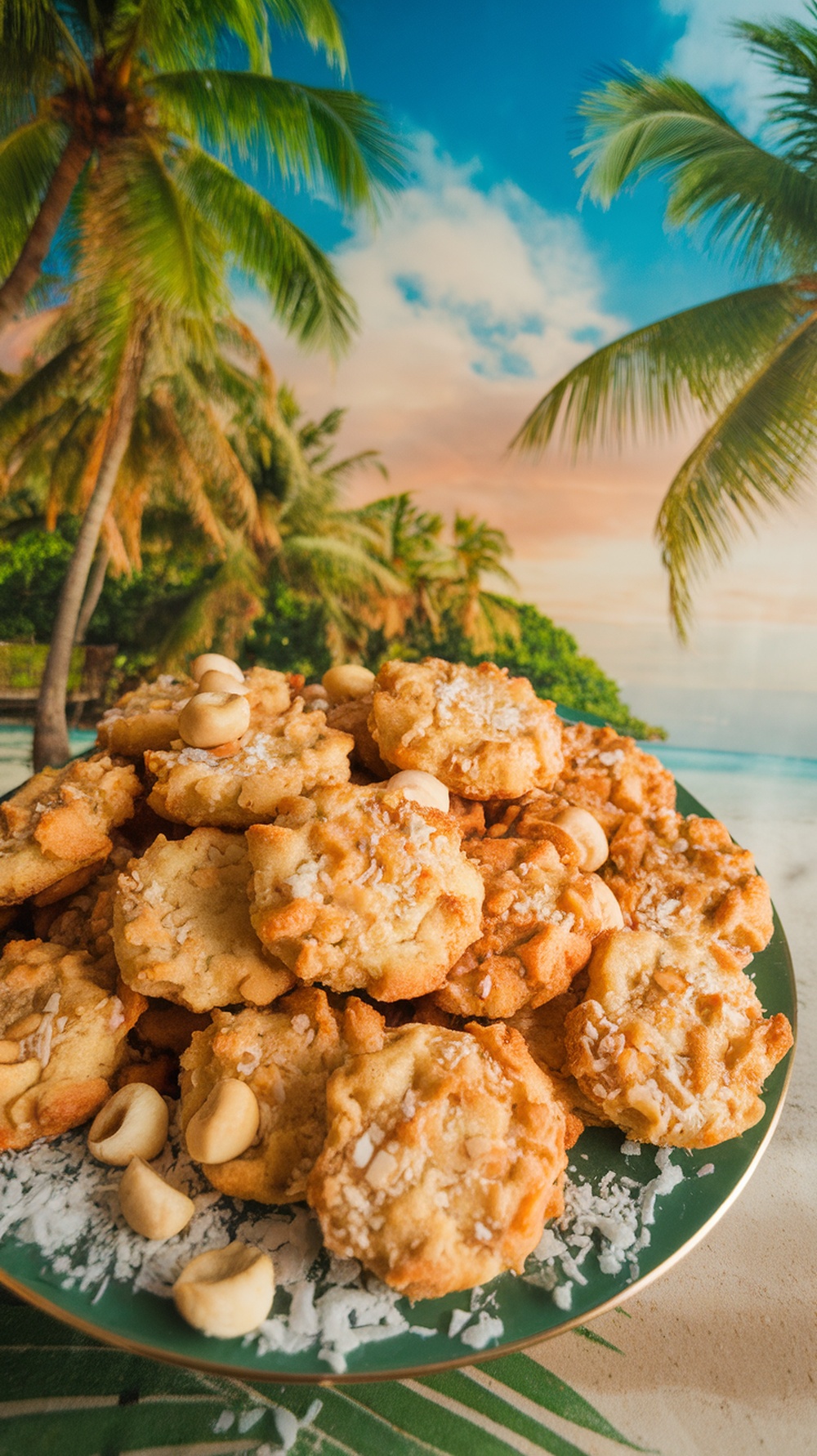 A plate of coconut macadamia nut cookies surrounded by tropical scenery.