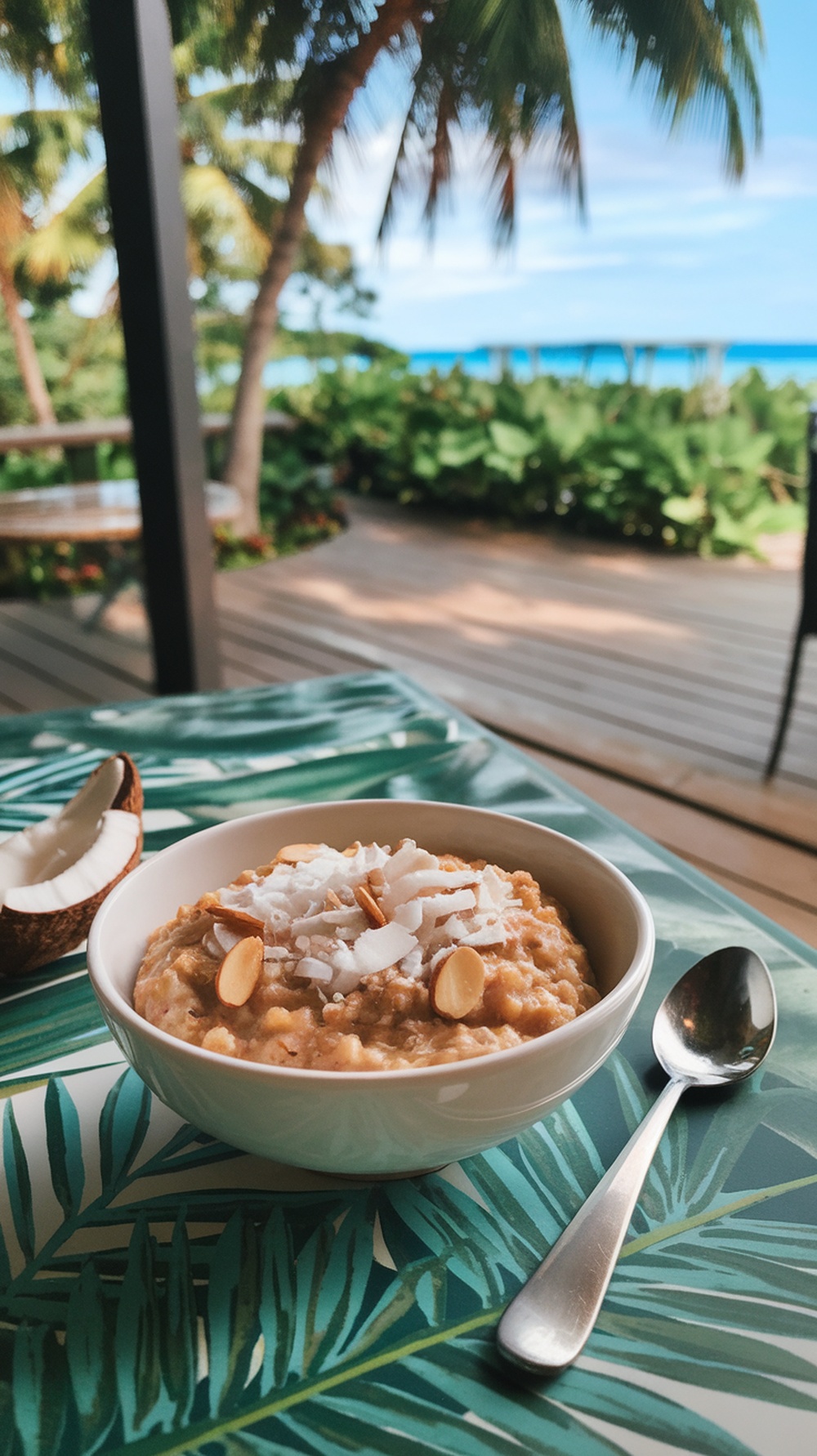 A bowl of Coconut Almond Oatmeal topped with shredded coconut and sliced almonds, with a tropical background.