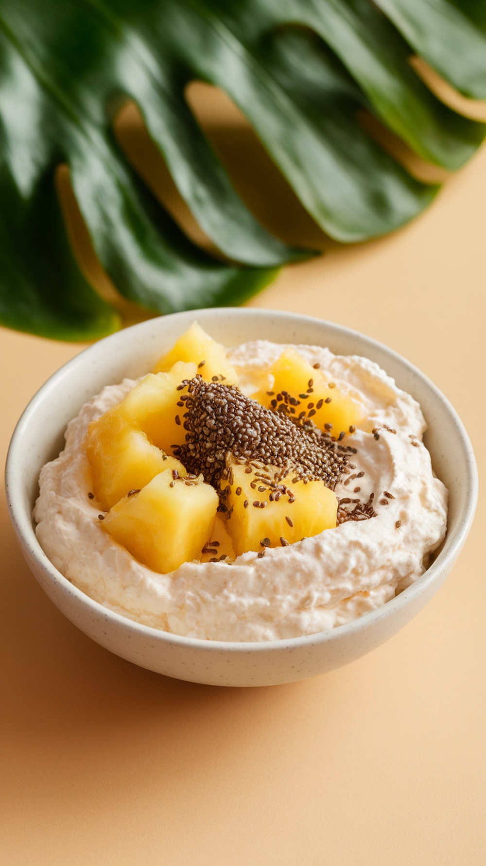 A bowl of cottage cheese topped with pineapple chunks and chia seeds.
