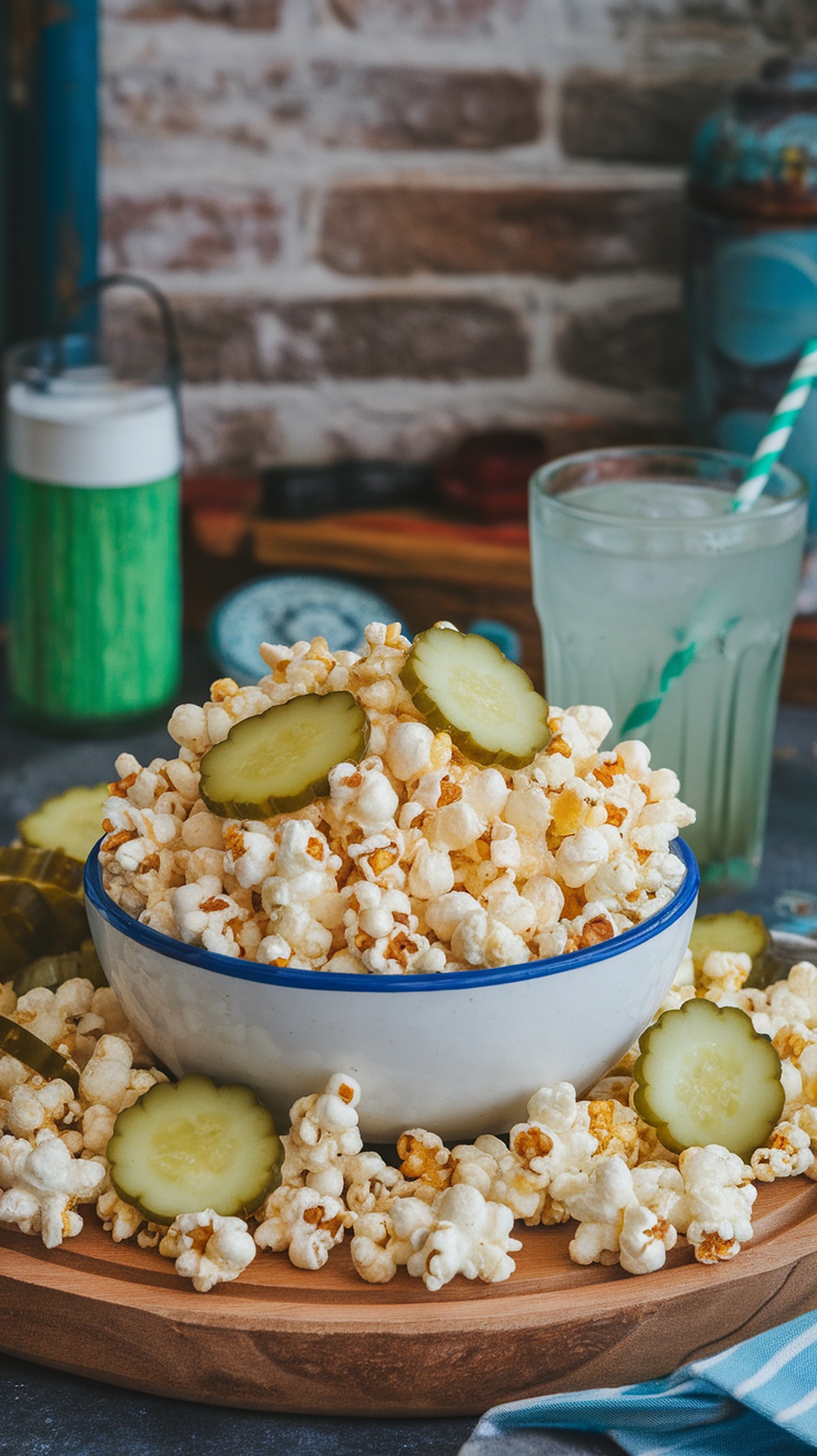 A bowl of popcorn topped with pickle slices, surrounded by pickles and a refreshing drink.