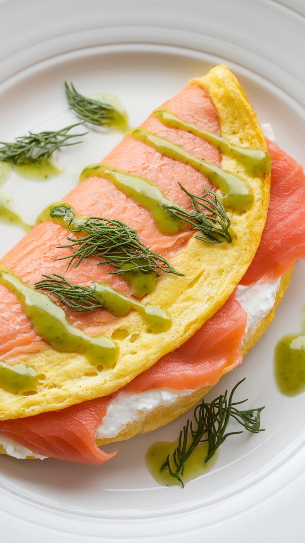 A delicious smoked salmon and cream cheese omelette garnished with dill and a green sauce.