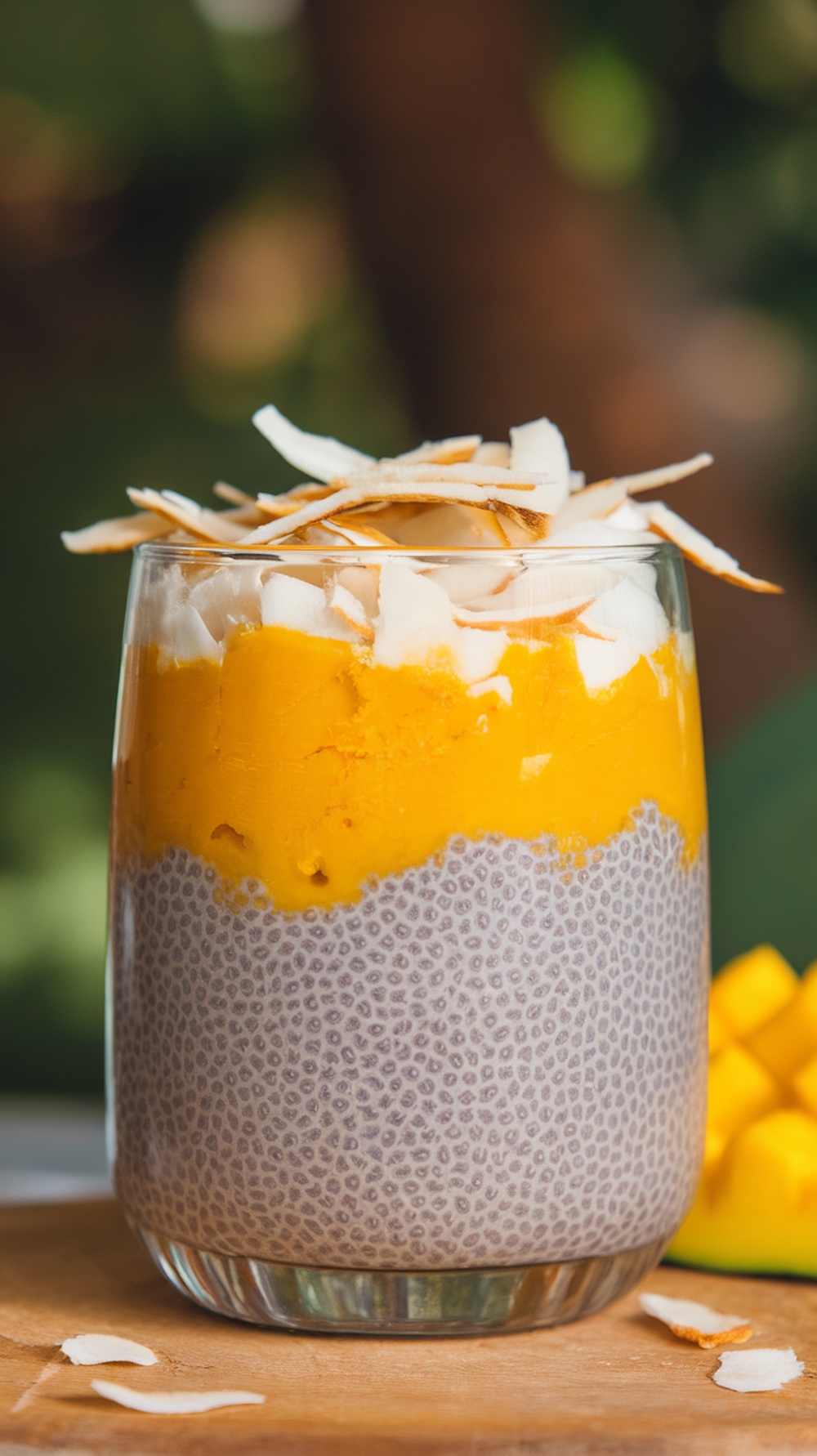 A glass of chia seed pudding layered with mango puree and topped with coconut flakes.