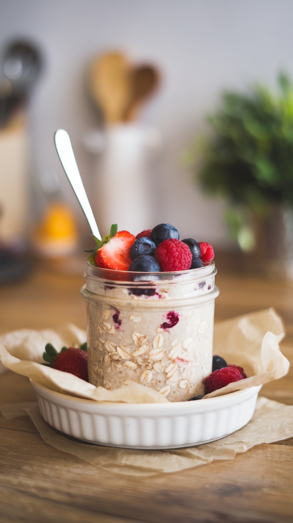 A jar of overnight oats topped with fresh strawberries, blueberries, and raspberries.