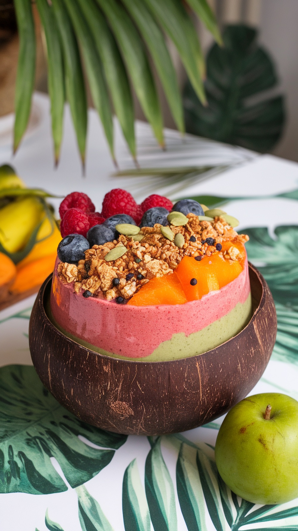 A colorful smoothie bowl topped with granola, fresh fruits, and seeds, served in a coconut bowl.
