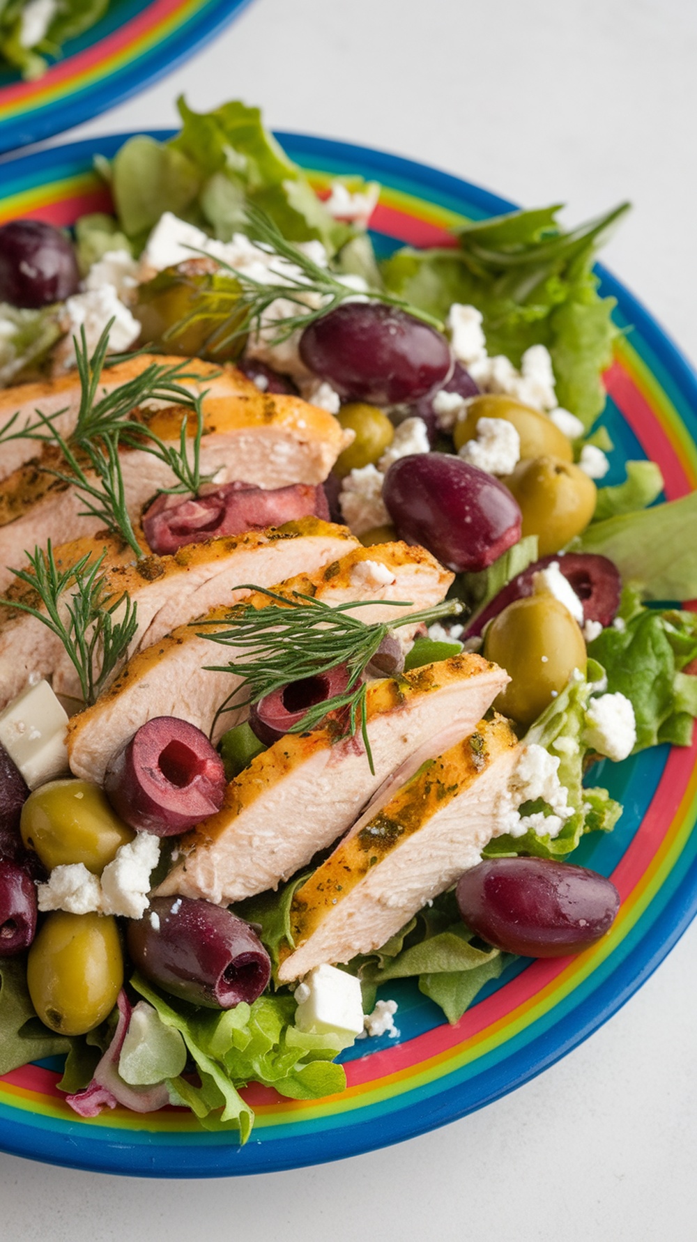 A colorful Mediterranean Dill Pickle Chicken Salad with chicken, olives, feta cheese, and greens on a rainbow plate.