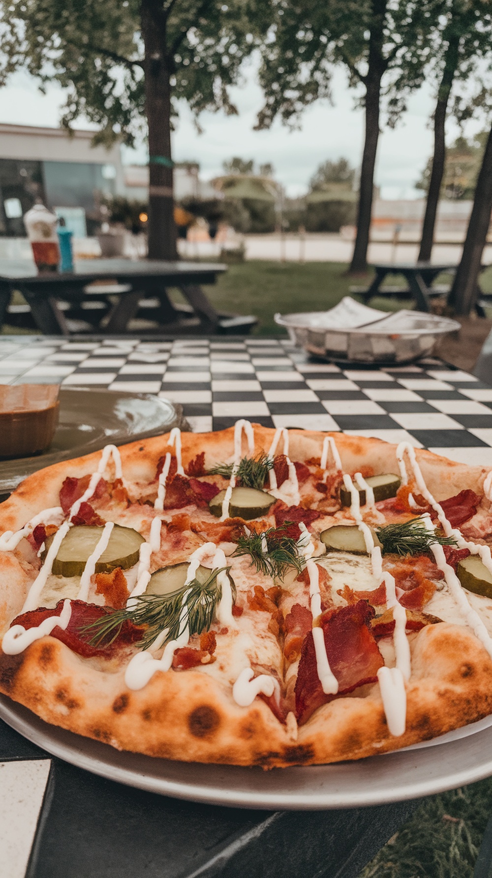 Creamy Ranch Dill Pickle Pizza with bacon, dill, and pickles on a picnic table