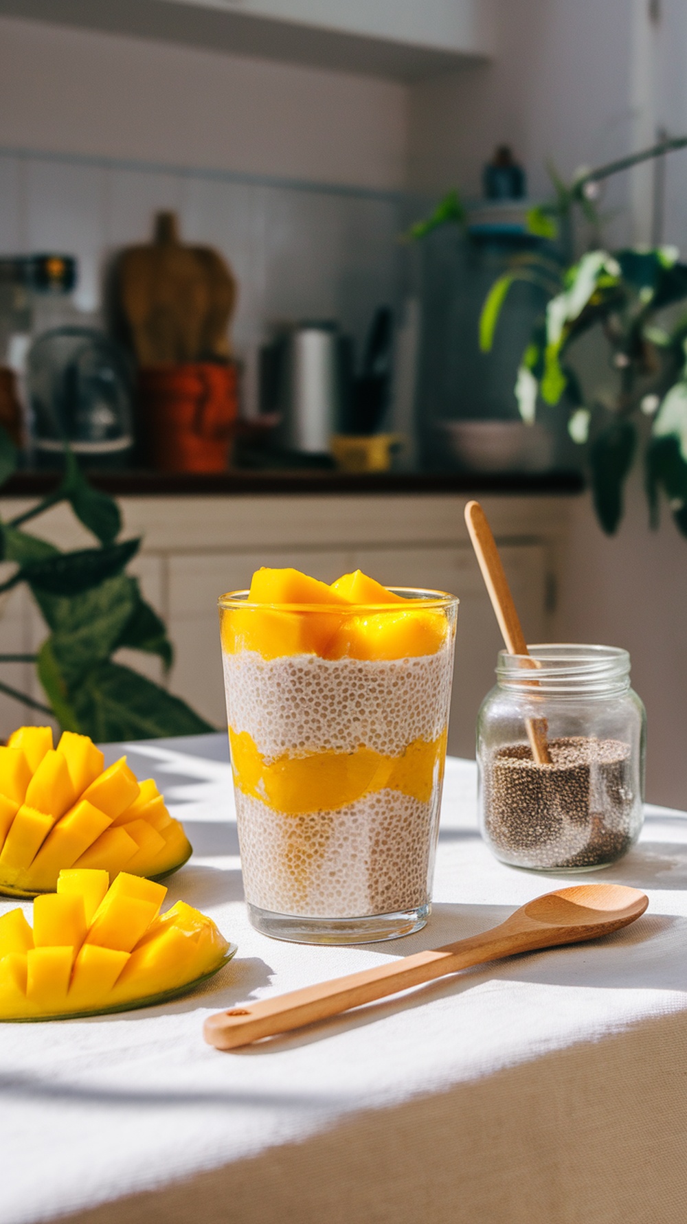 Chia seed pudding with mango in a glass, surrounded by mango slices and a jar of chia seeds.
