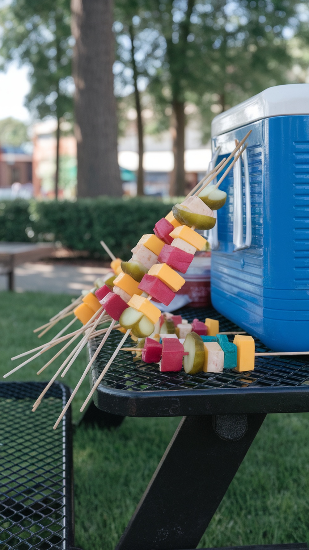 Colorful pickle and cheese skewers on a picnic table