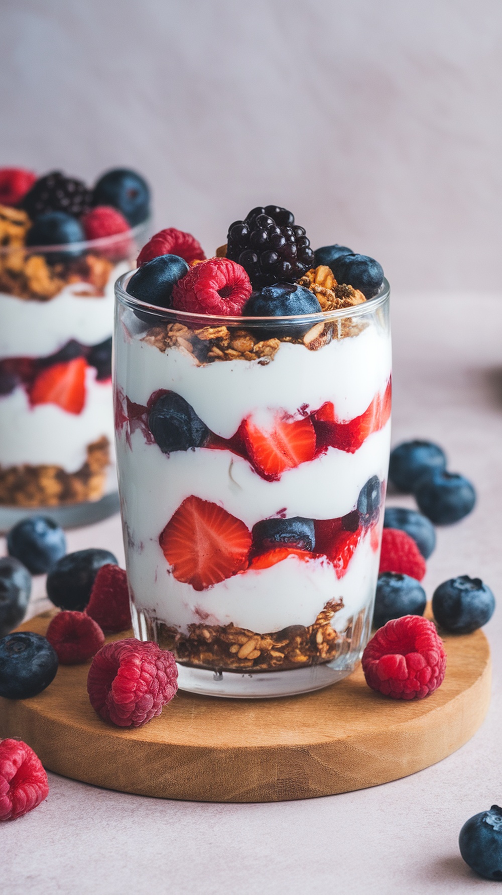 A Greek yogurt parfait layered with berries and granola in a glass.