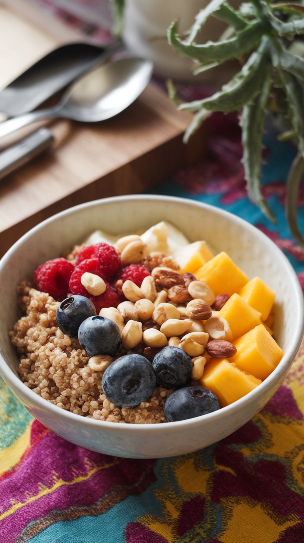 A colorful quinoa breakfast bowl topped with fruits and nuts.
