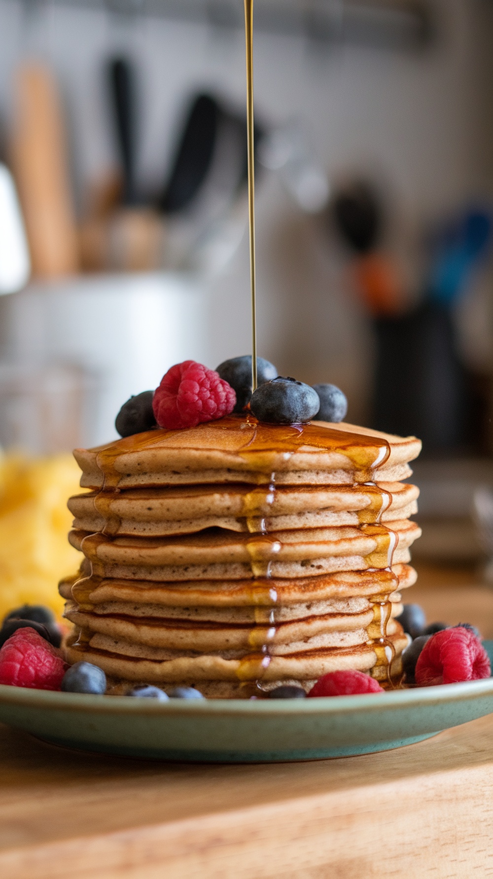 A stack of whole wheat pancakes topped with maple syrup and fresh berries.