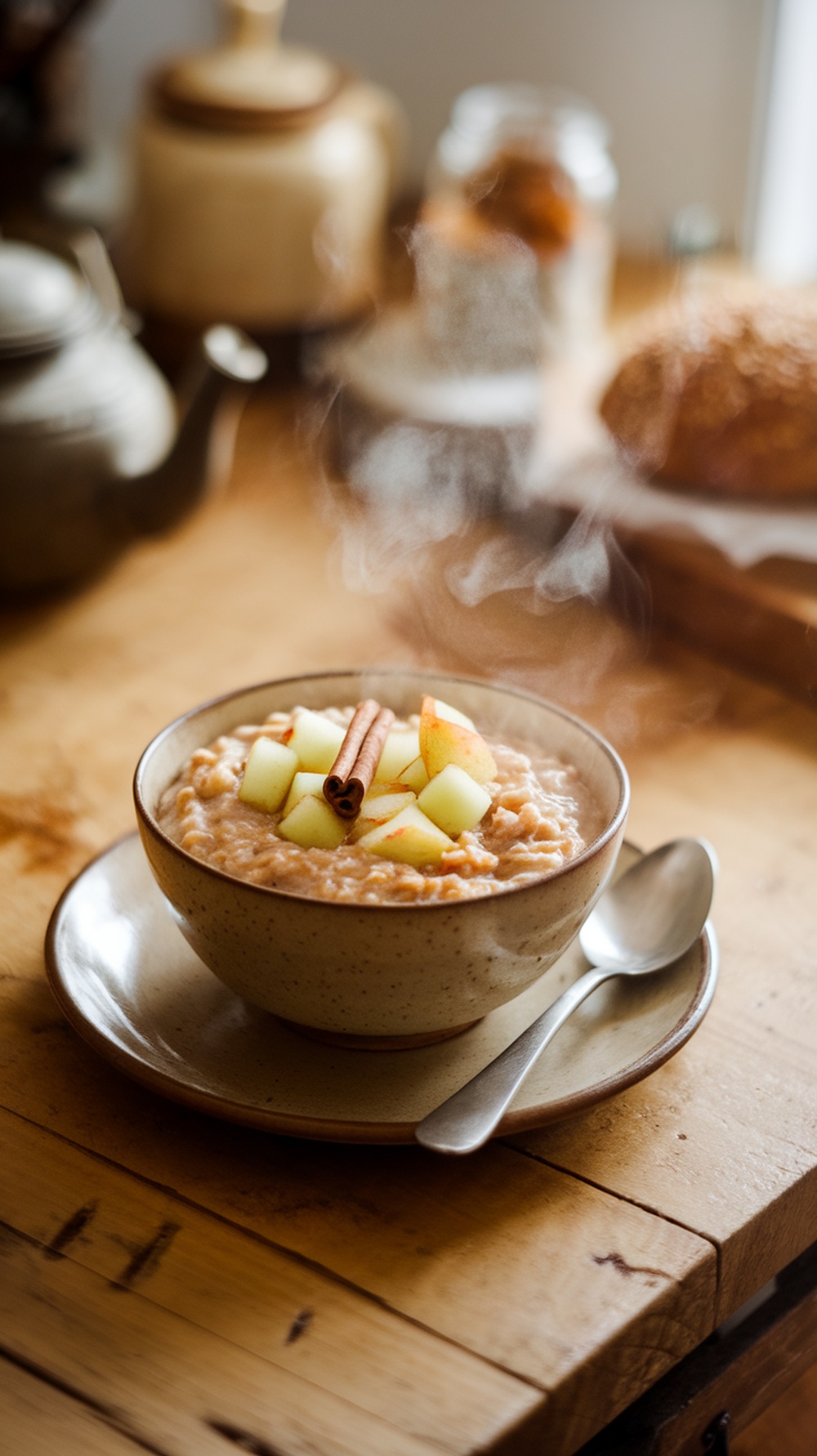 A bowl of steaming apple cinnamon steel-cut oats topped with diced apples and cinnamon sticks.