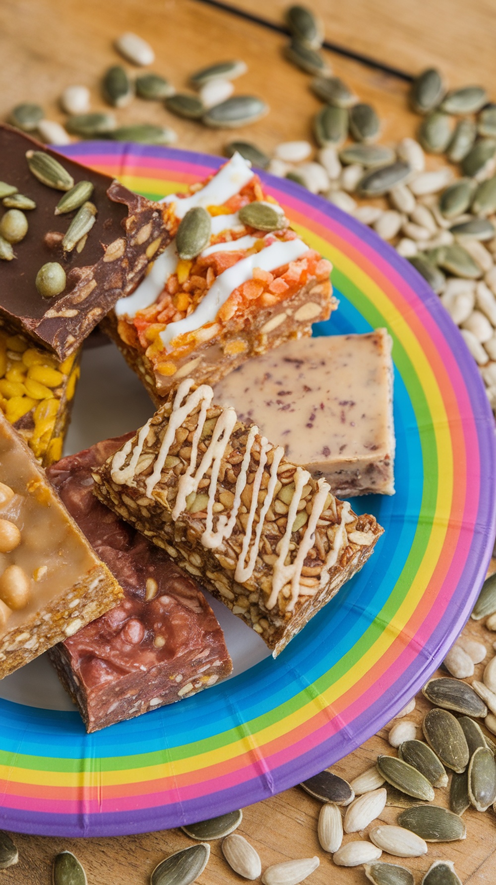 A colorful plate of nut-free seed bars with various toppings and seeds scattered around.