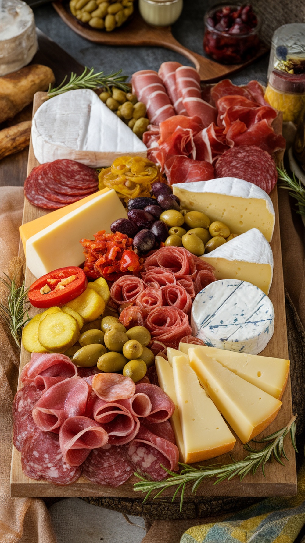 A beautifully arranged charcuterie board featuring various cheeses, pickles, and cured meats.