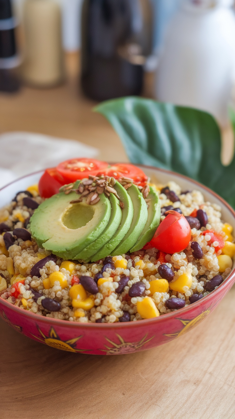A colorful quinoa breakfast bowl topped with avocado, tomatoes, and sunflower seeds.