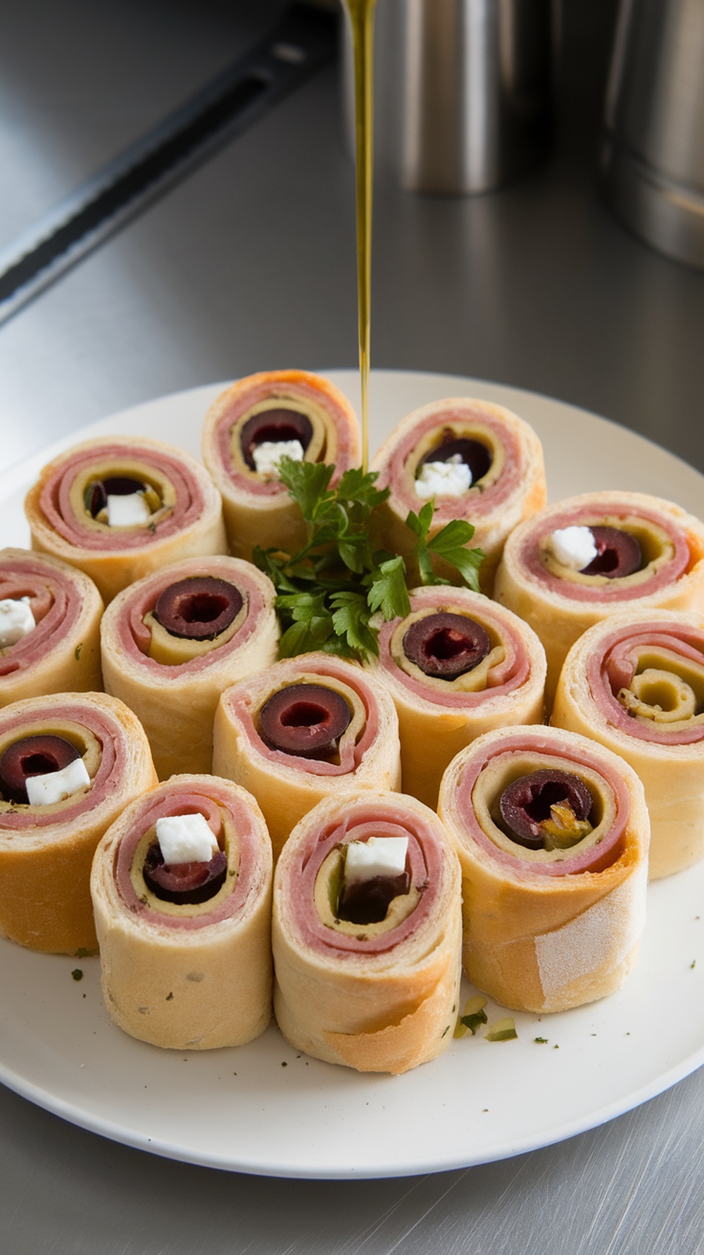 A platter of Mediterranean Ham and Olive Roll Ups drizzled with olive oil.