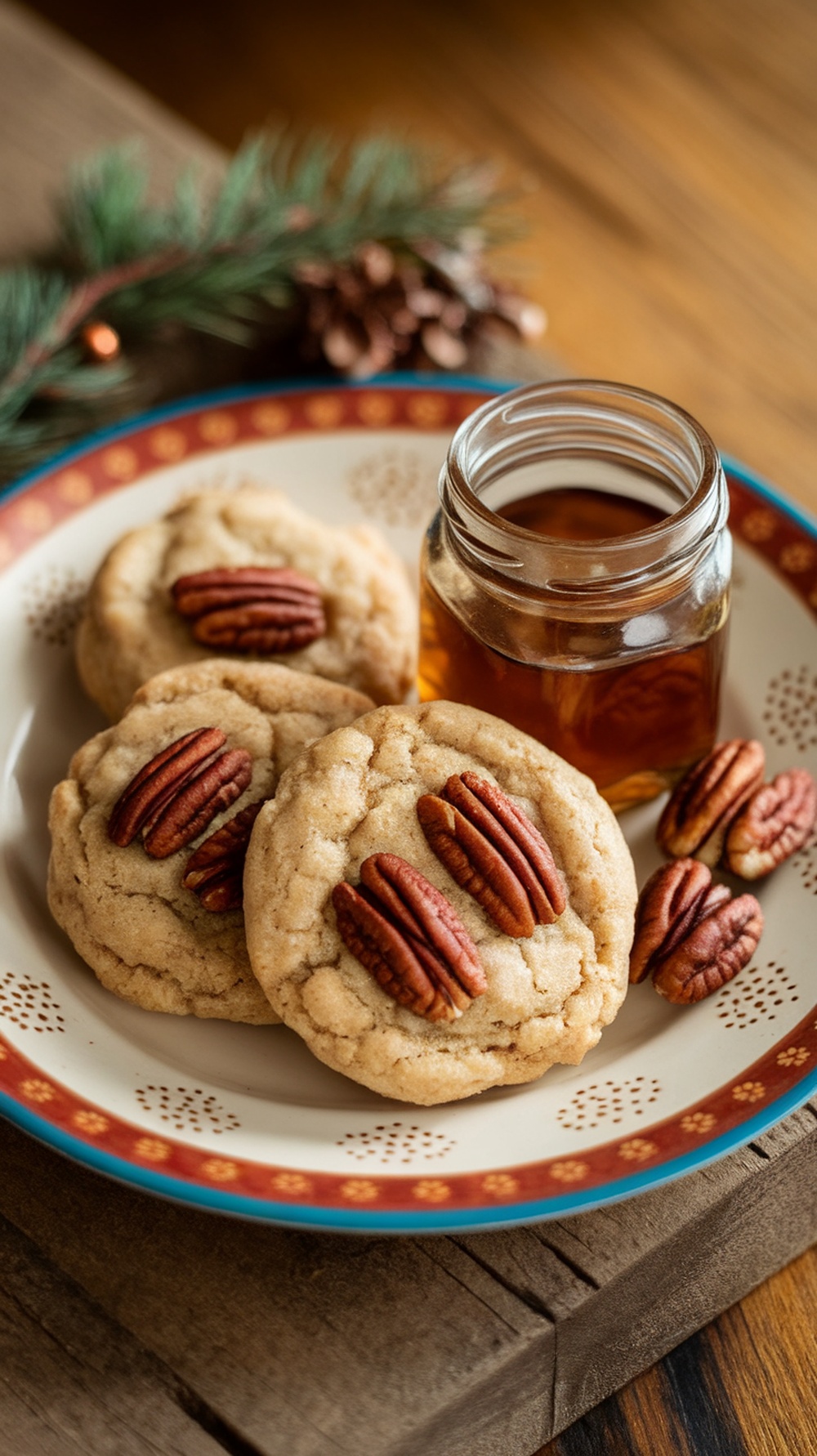 Maple Pecan Breakfast Cookies on a decorative plate with a jar of maple syrup