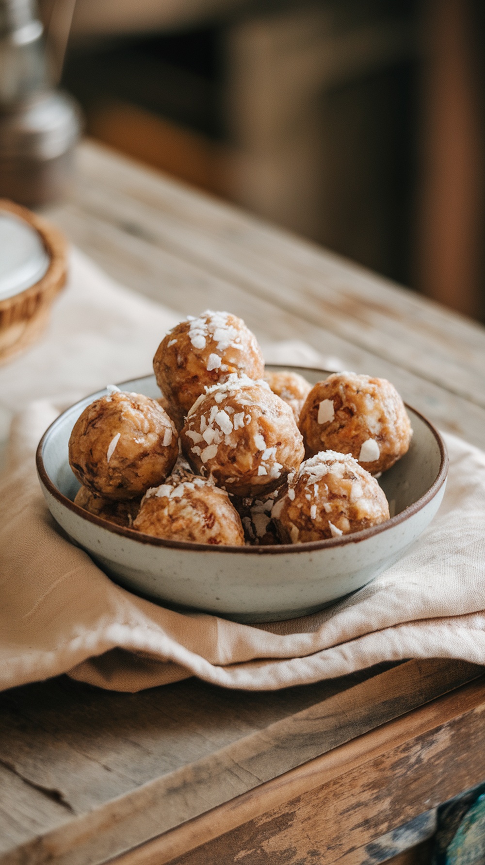 A bowl of nut butter energy balls coated with coconut flakes, placed on a wooden surface.