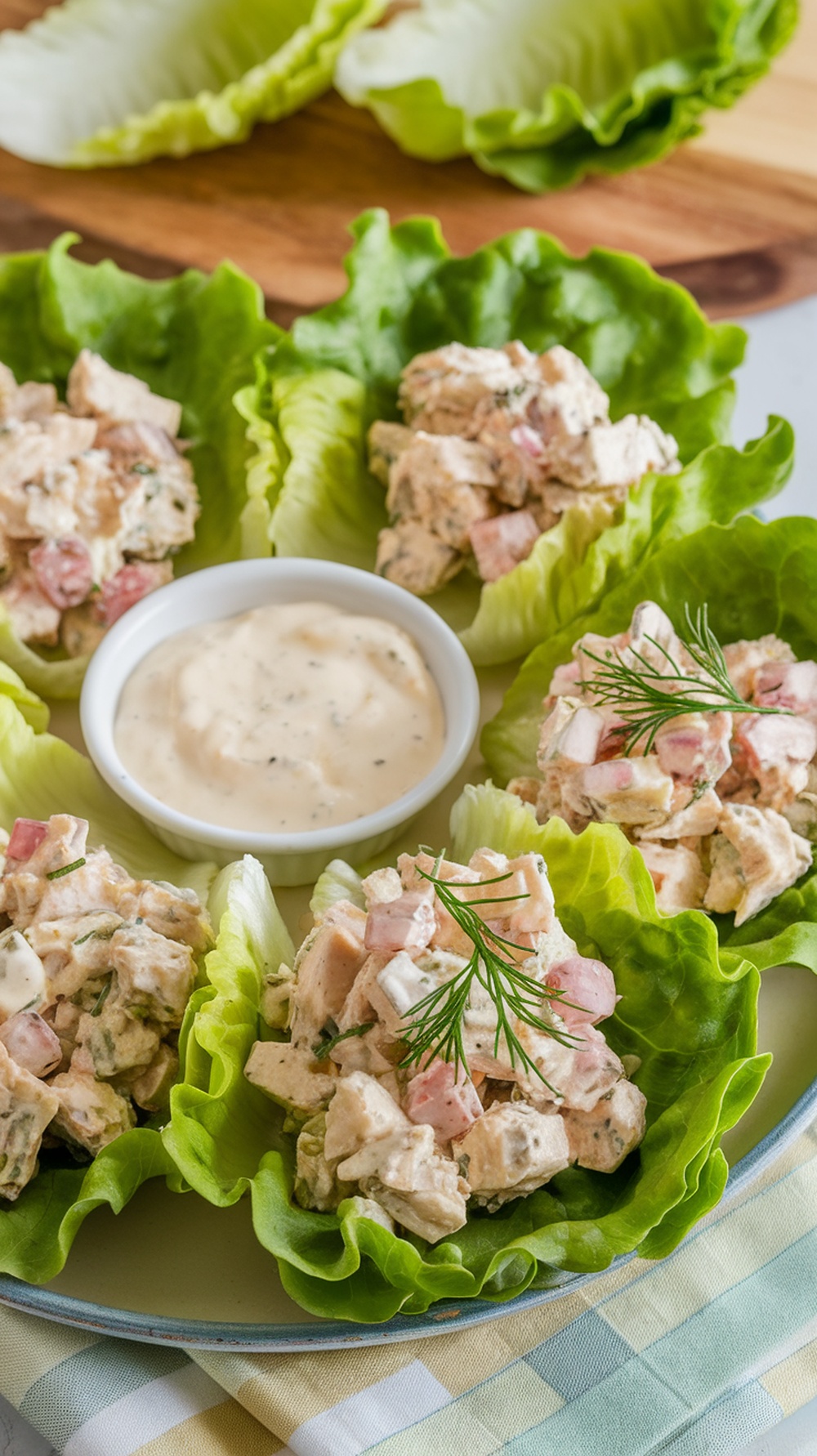 Dill pickle chicken salad served in lettuce wraps with a creamy dressing