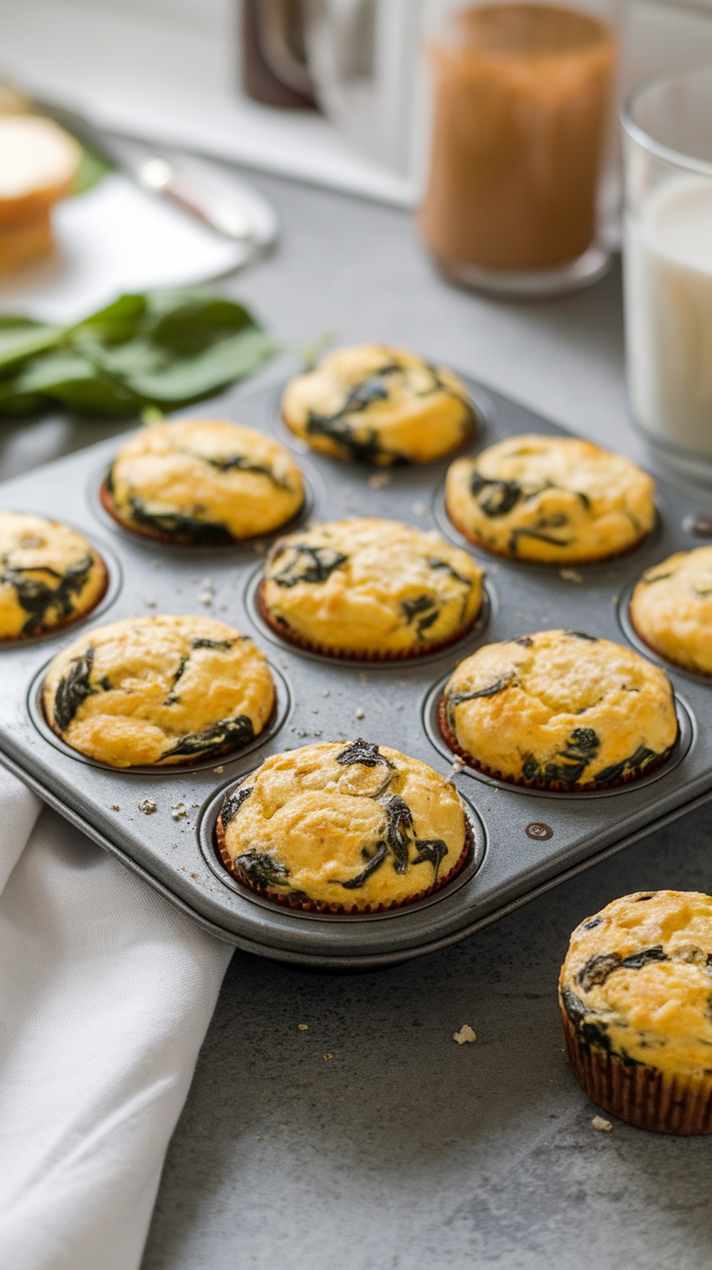 A tray of freshly baked egg muffins with spinach and feta cheese.