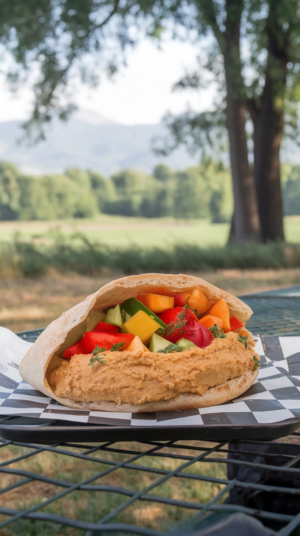 A healthy hummus and veggie pita pocket filled with fresh vegetables, set against a scenic outdoor background.