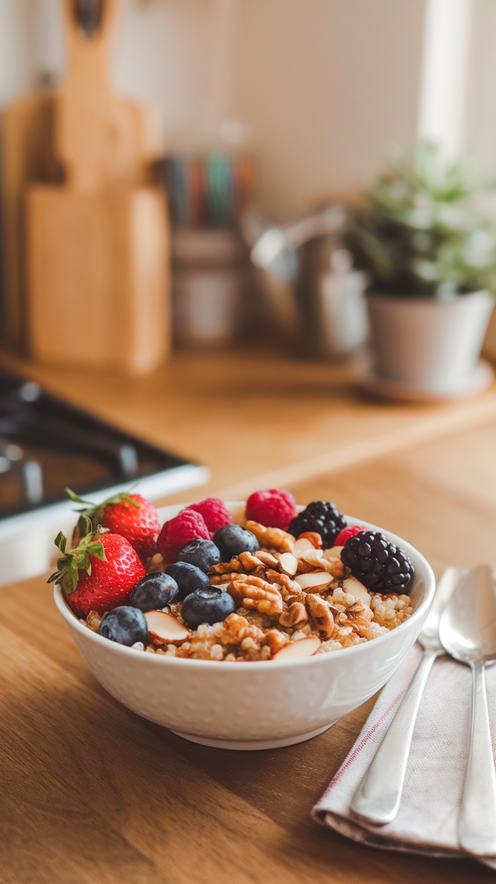 A bowl of breakfast quinoa topped with fresh berries and nuts, set on a wooden table.