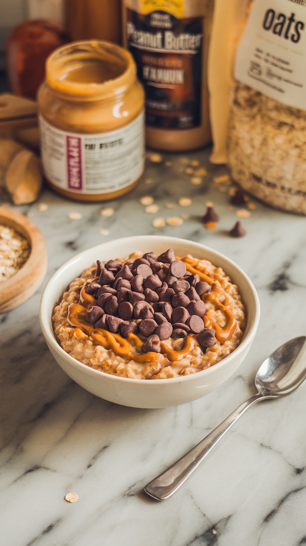 A bowl of peanut butter chocolate chip oatmeal topped with chocolate chips and a drizzle of peanut butter, surrounded by jars of peanut butter and oats.