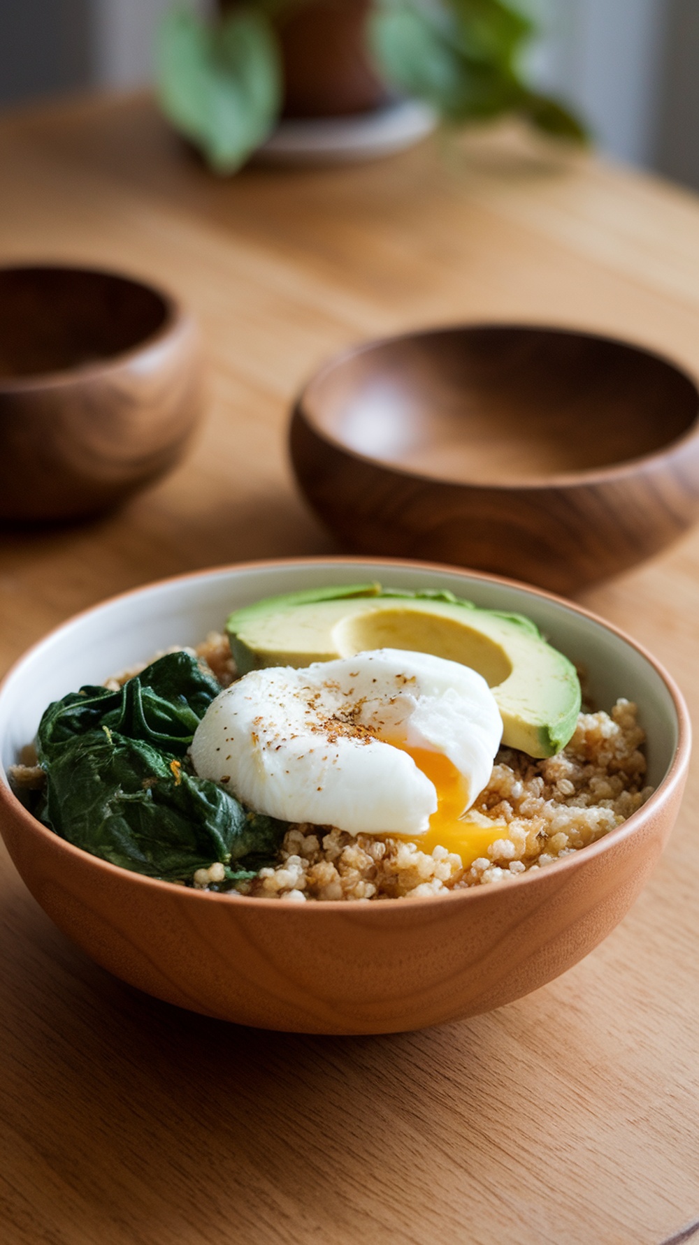 A quinoa breakfast bowl with spinach, avocado, and a poached egg on a wooden table.