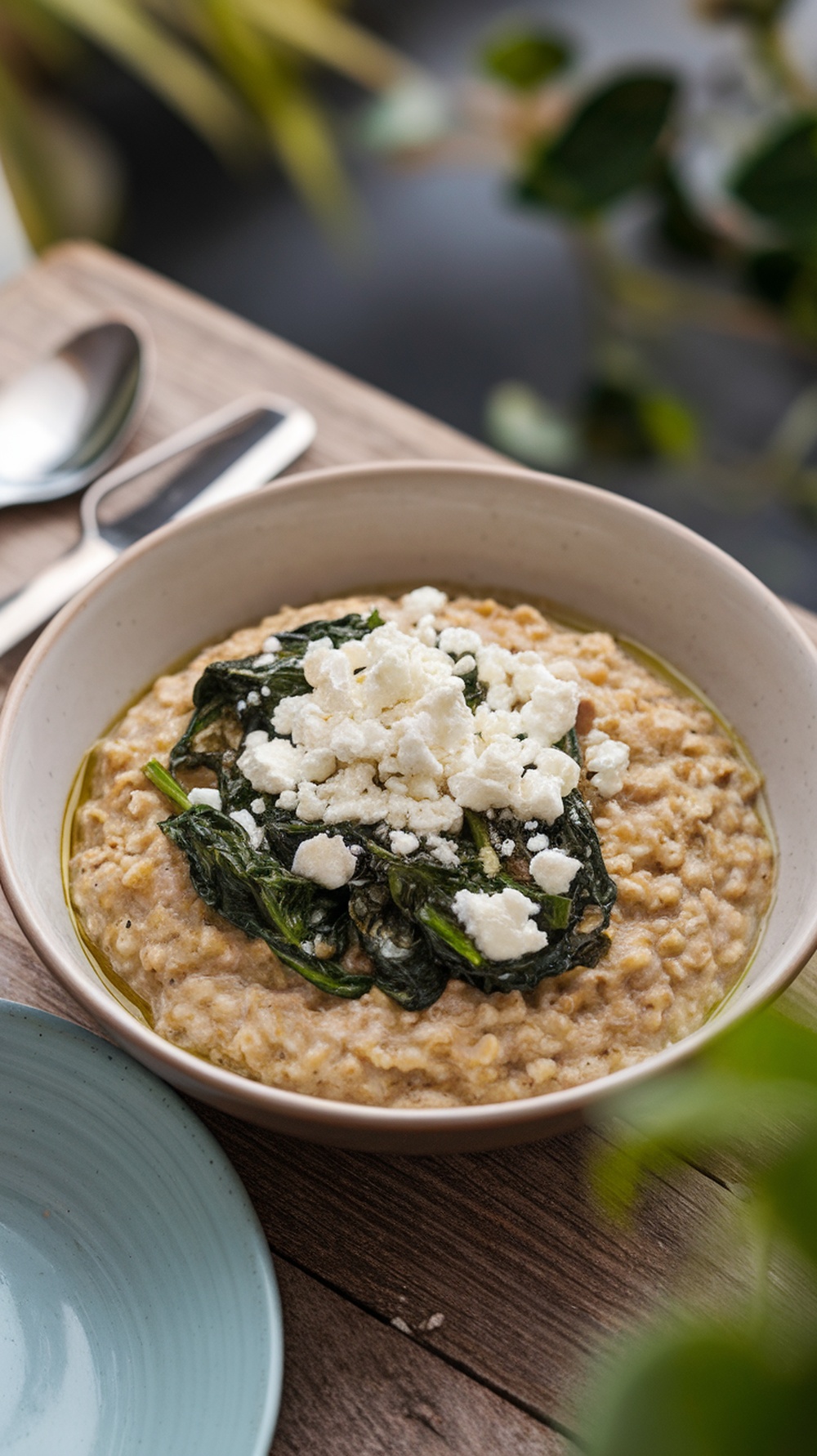 A bowl of savory oatmeal topped with sautéed spinach and crumbled feta cheese.
