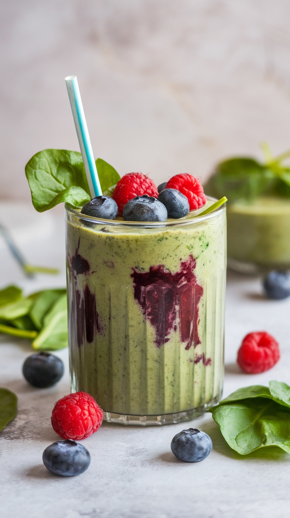 A refreshing berry and spinach smoothie topped with fresh berries, served in a glass with a straw.