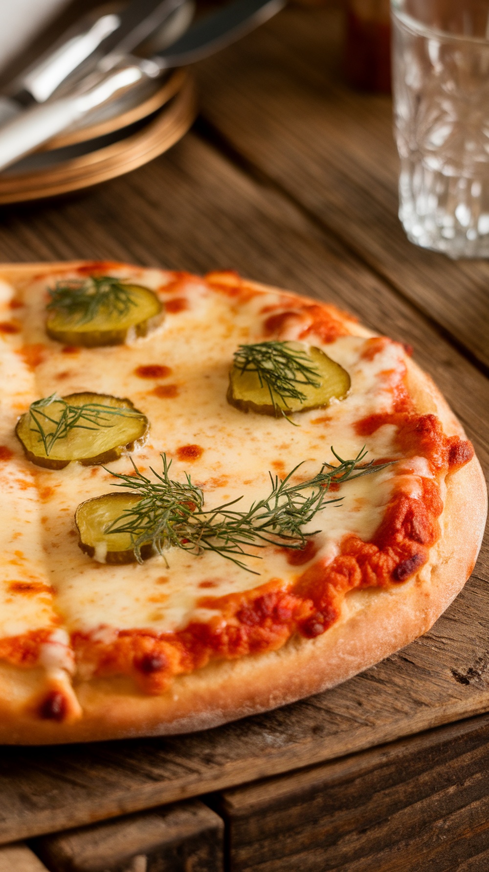 Cheesy dill pickle flatbread with melted cheese and dill sprigs on a wooden table.