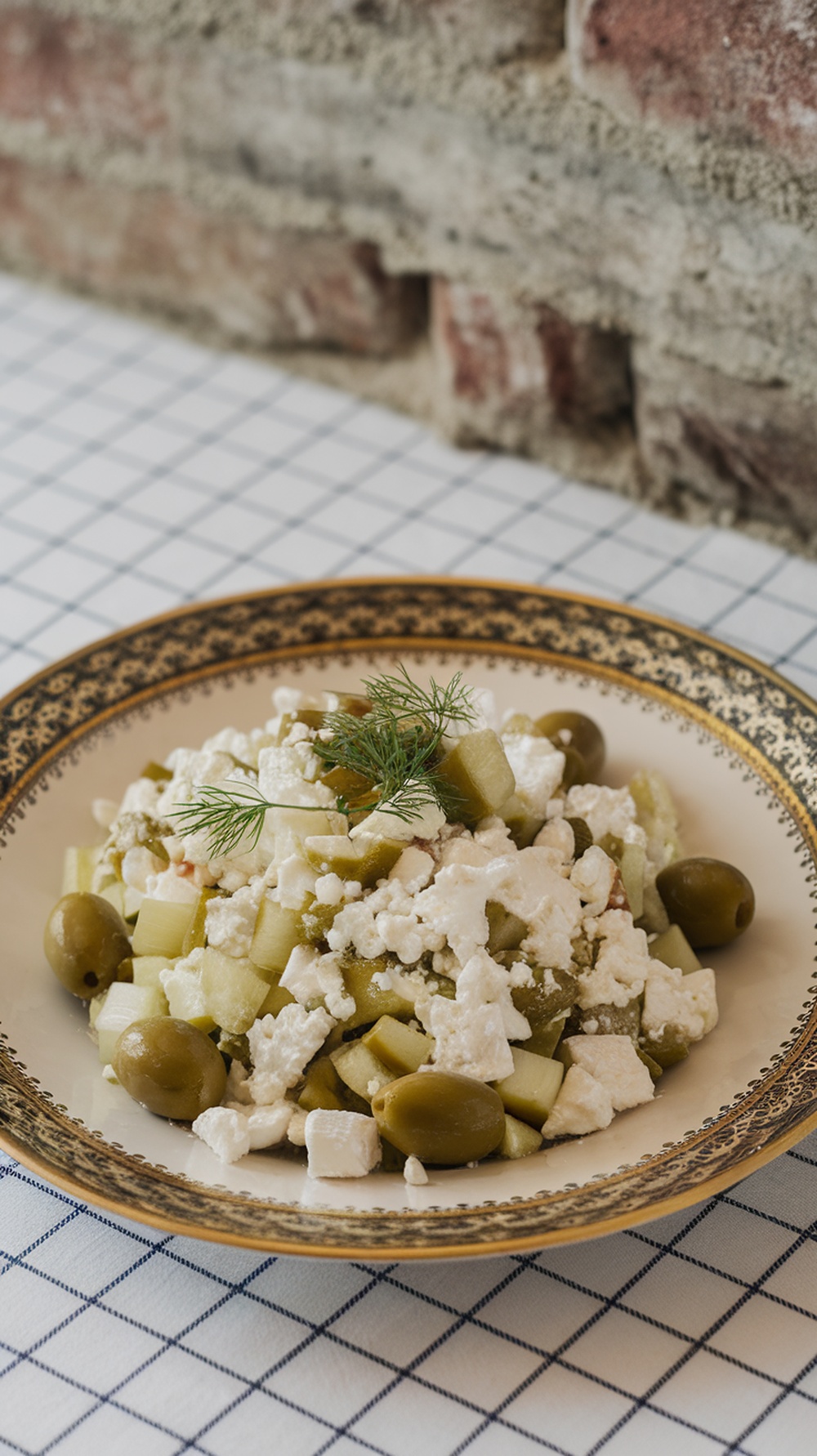 A bowl of dill pickle and feta cheese salad with green olives, garnished with fresh dill.