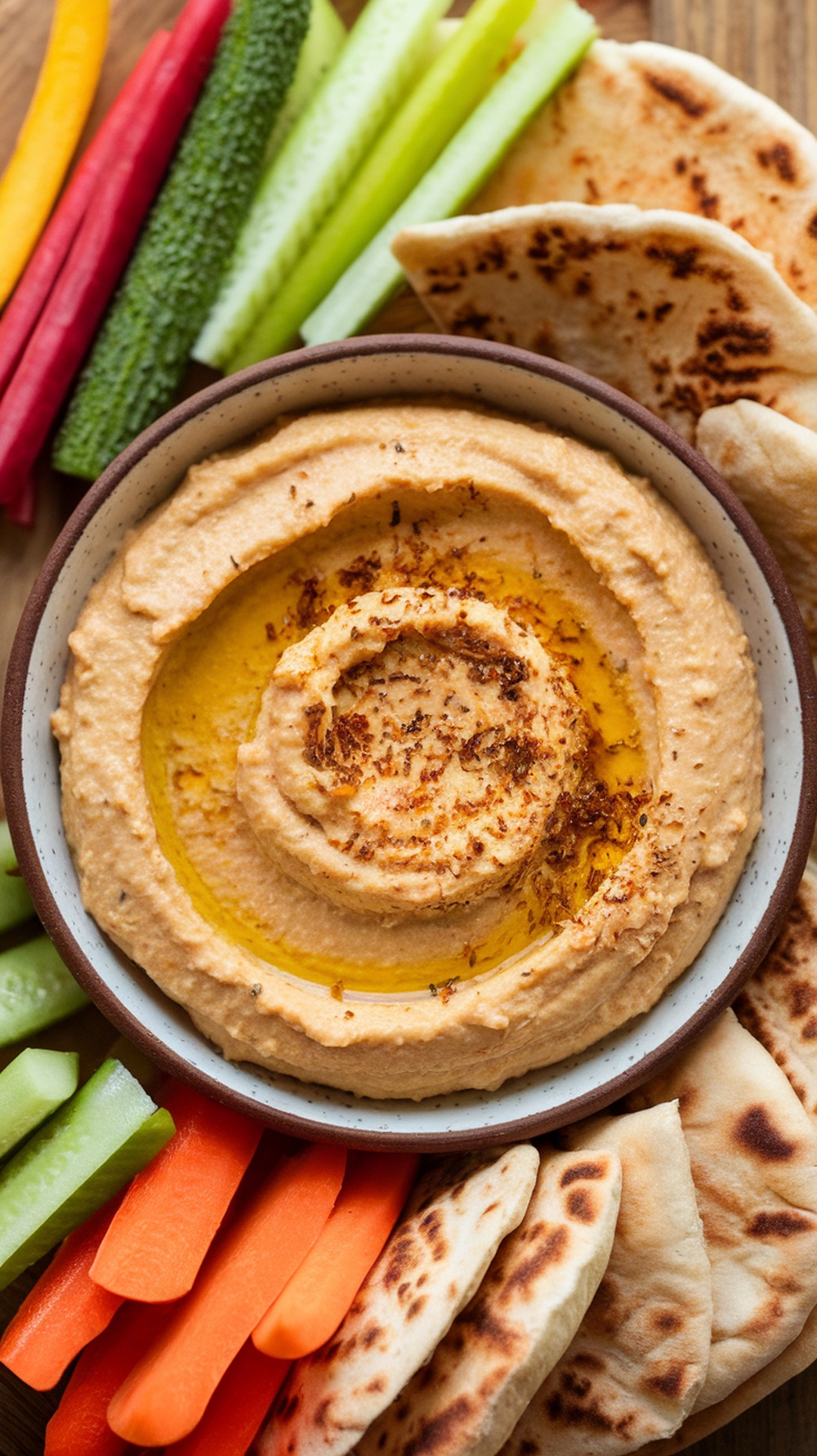 Bowl of garlic pickle hummus with fresh vegetables and pita bread on the side.
