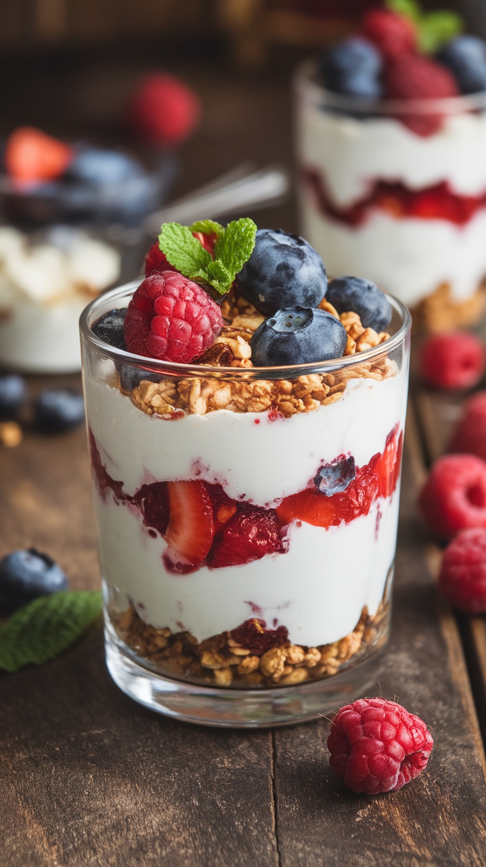 A delicious Greek yogurt parfait layered with berries and granola in a clear glass.