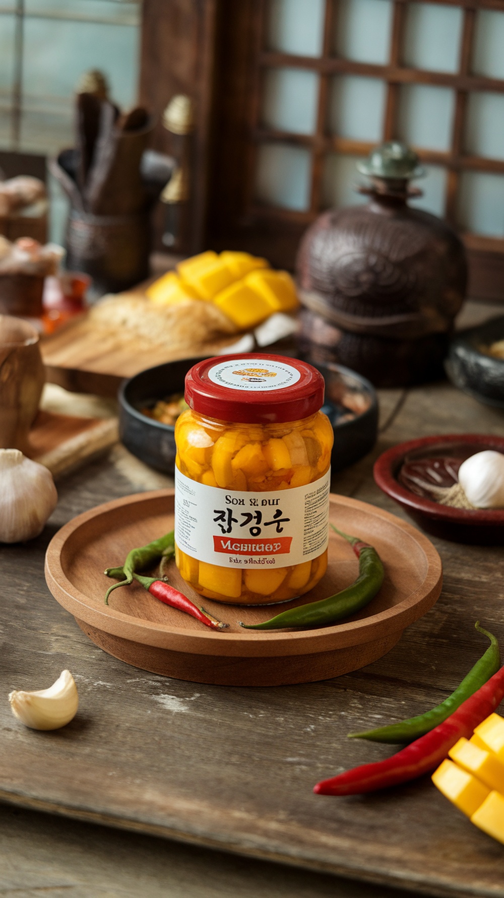 A jar of Korean sweet and sour mango pickle with fresh ingredients like garlic and chili peppers.
