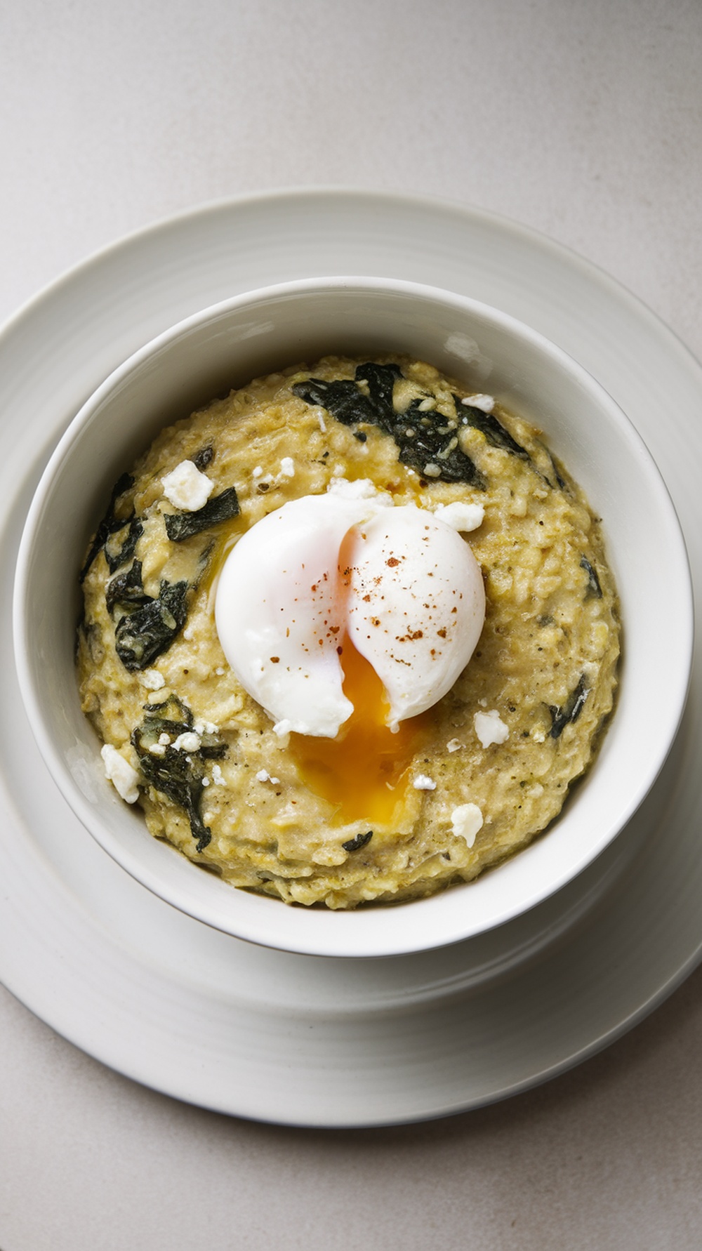 A bowl of savory spinach and feta oatmeal topped with a poached egg.