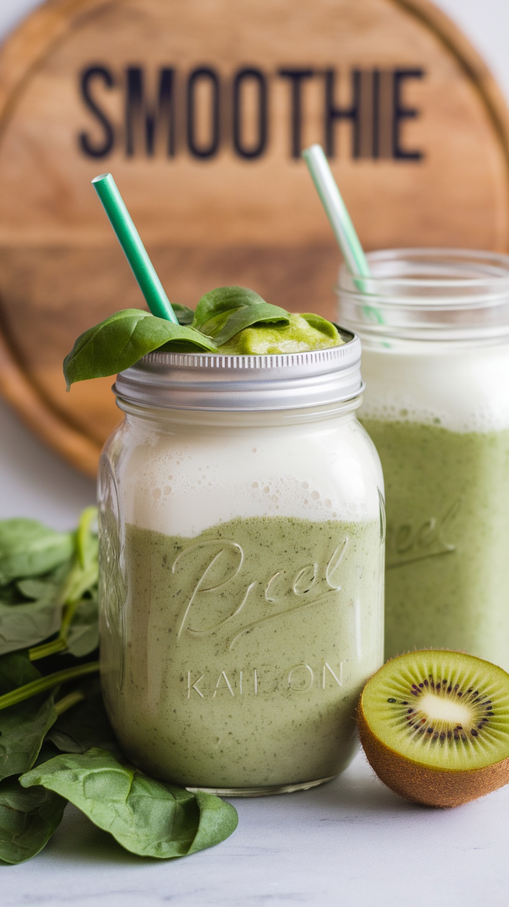 A refreshing green smoothie made with spinach and kiwi, served in a mason jar with a straw.