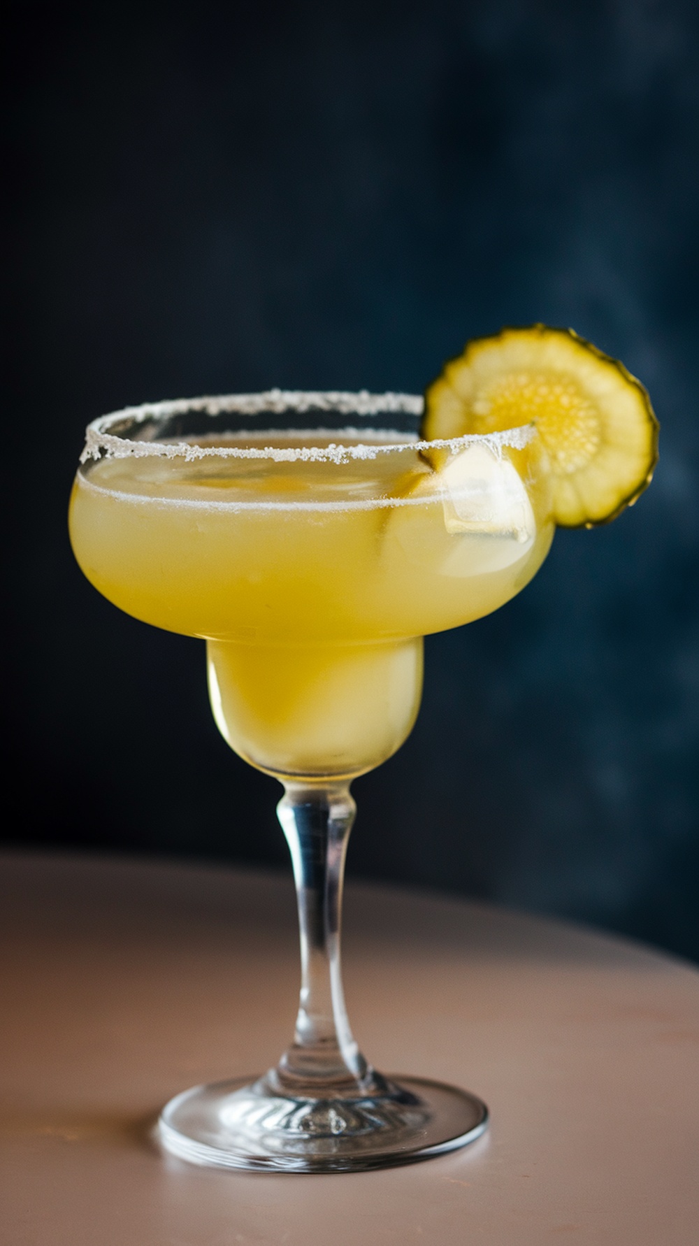 A Sweet and Sour Pickle Margarita in a glass with a salted rim and a pickle slice garnish.