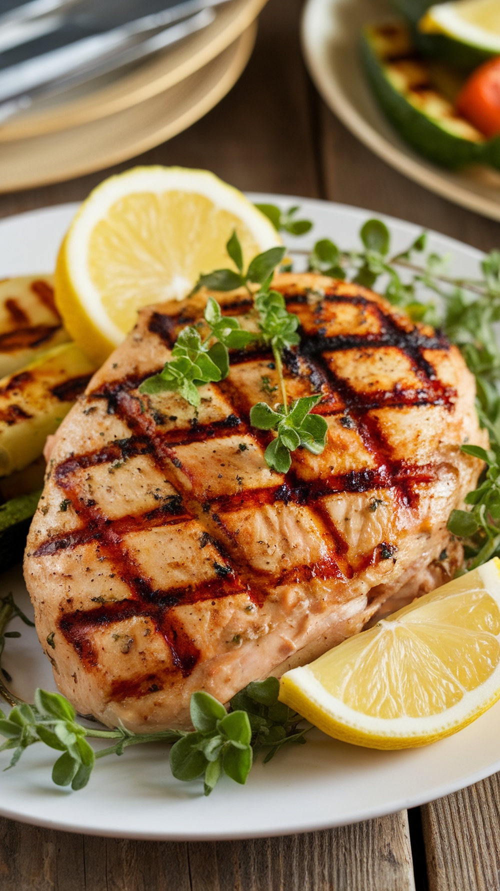 Grilled lemon herb chicken breast garnished with herbs and lemon slices on a plate with grilled vegetables.