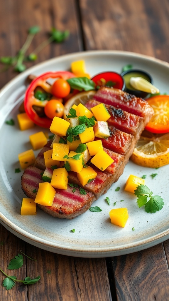 Seared tuna steak topped with mango salsa, garnished with vegetables and herbs