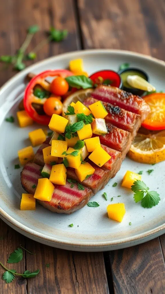 Seared tuna steak topped with mango salsa, garnished with vegetables and herbs