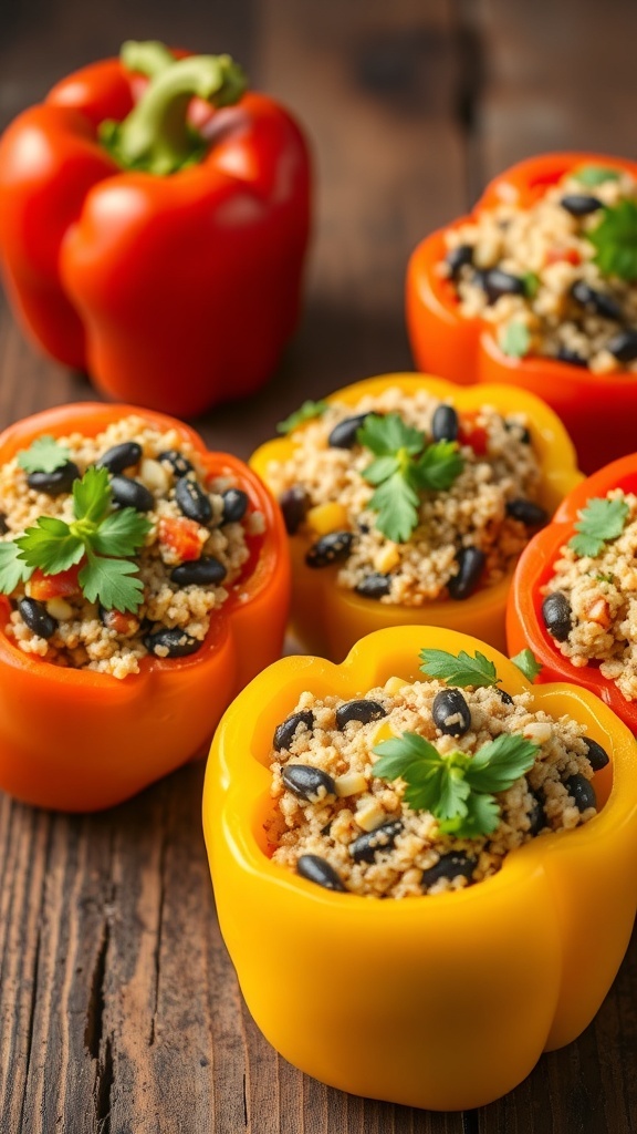 Colorful stuffed bell peppers filled with quinoa and black beans on a wooden table