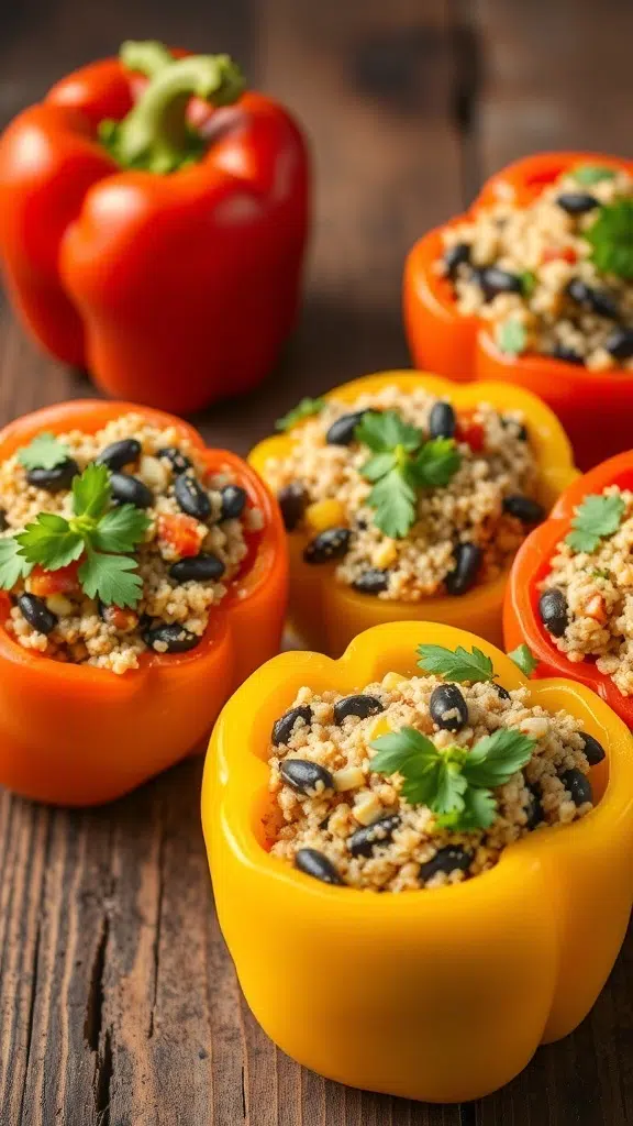 Colorful stuffed bell peppers filled with quinoa and black beans on a wooden table