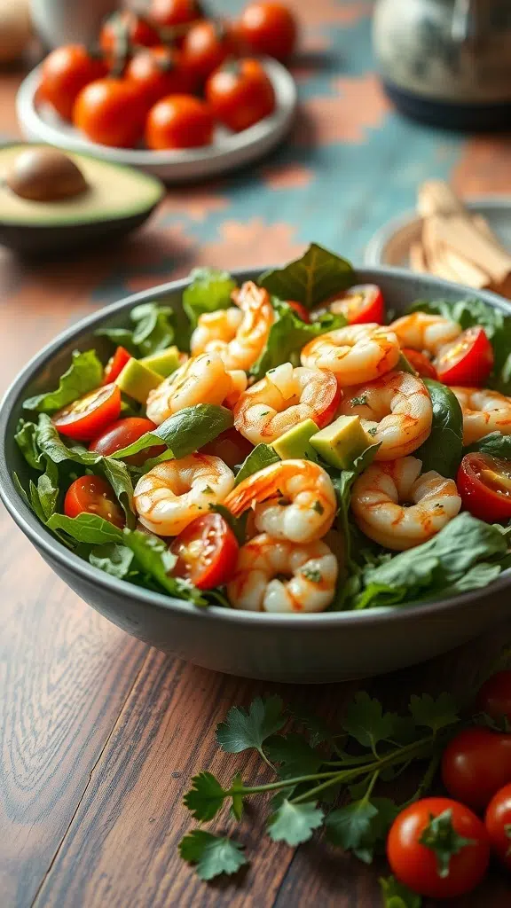 A bowl of shrimp and avocado salad with cherry tomatoes and greens, set on a wooden table.