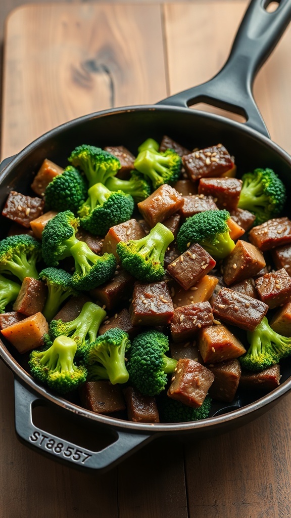 A skillet filled with beef and broccoli, showcasing vibrant colors and a delicious mix of ingredients.