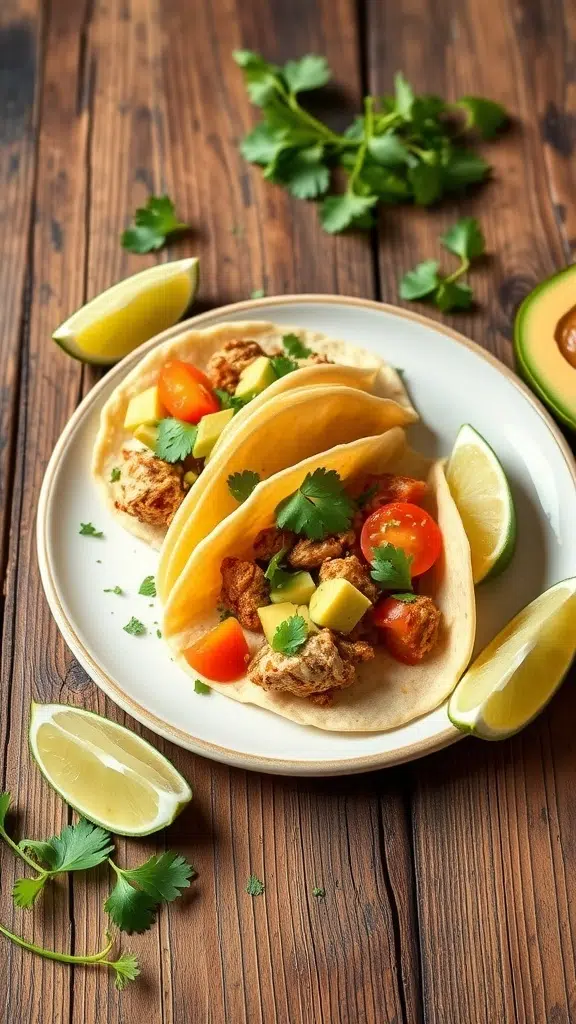 Plate of Greek Yogurt Chicken Tacos with lime and cilantro on a wooden table