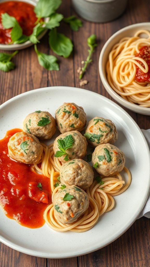 Plate of turkey and spinach meatballs served with spaghetti and tomato sauce