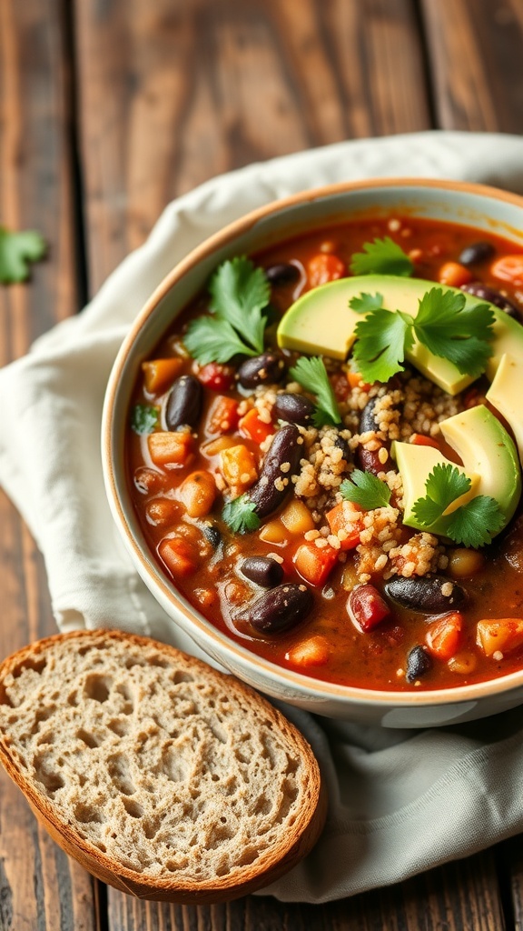 A bowl of hearty quinoa and black bean chili topped with avocado and cilantro, served with a slice of bread.