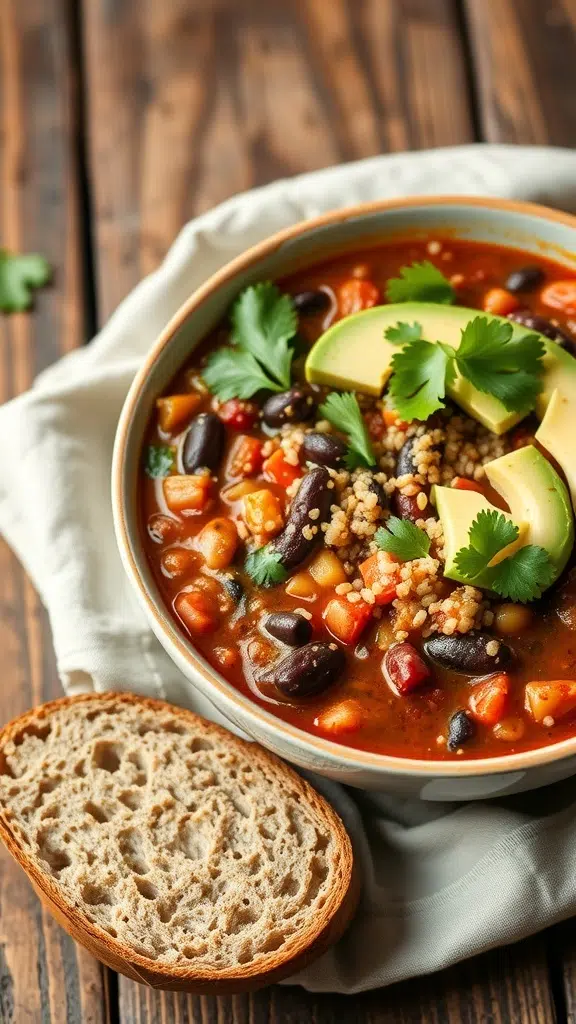 A bowl of hearty quinoa and black bean chili topped with avocado and cilantro, served with a slice of bread.